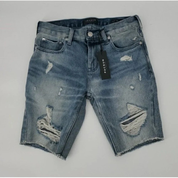 PACSUN Distressed Lt Wash Long Shorts Raw Hem Skinny Size W28 NWT - Picture 3 of 11
